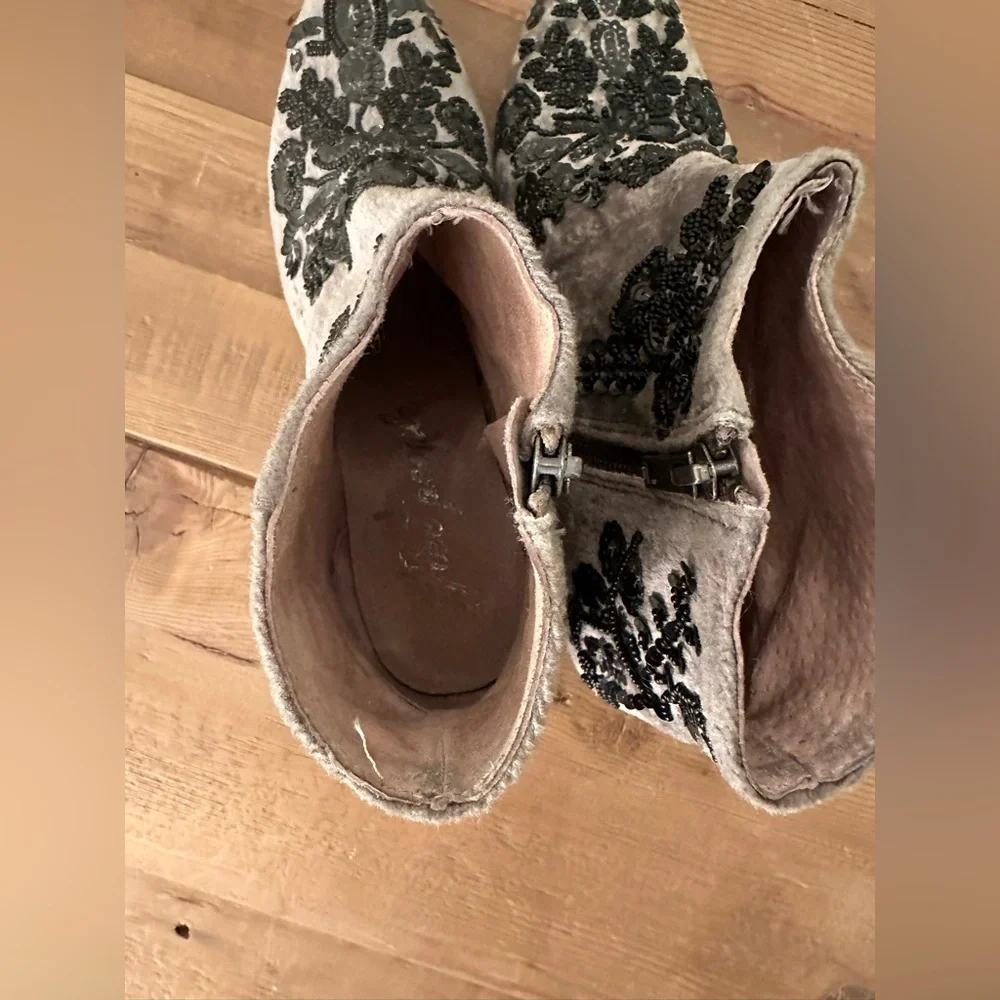Free People Gray Velvet Ankle Booties with Black Embroidery